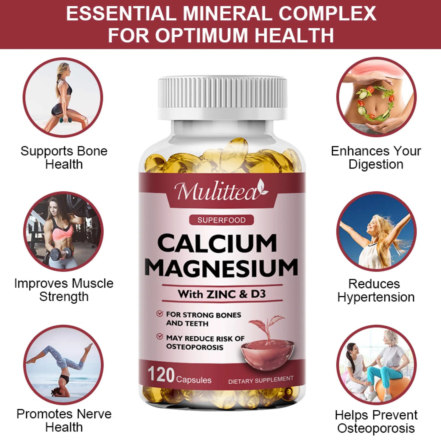 (2 Pack)Mulittea Calcium Magnesium Zinc Softgels with Vitamin D3,Supports Strong Bones,Muscle,Nervous System Health,Total 240 Capsules