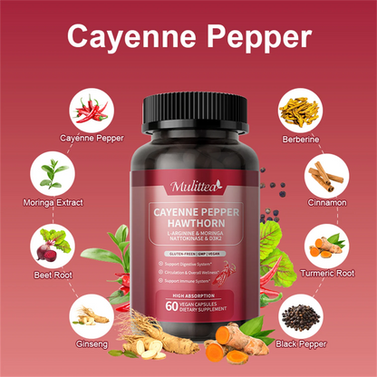 Cayenne Pepper Capsules | Cayenne Pepper Supplement with Moringa, Hawthorn, Ginseng, Red Yeast Rice+Nattokinase+Turmeric, Beetroot | Support Metabolism & Circulation Health (60 count, Non-GMO)