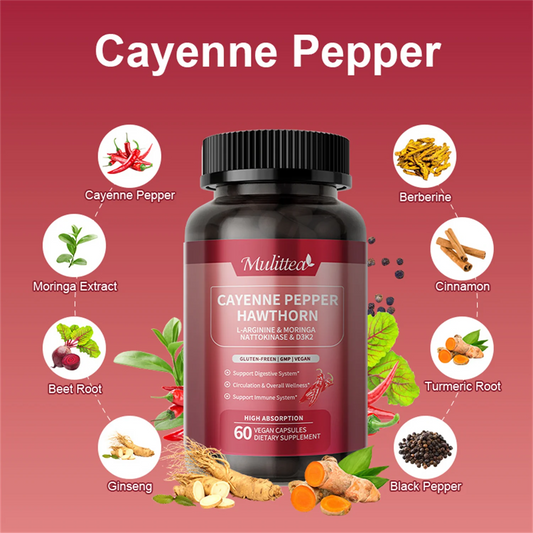 Cayenne Pepper Capsules | Cayenne Pepper Supplement with Moringa, Hawthorn, Ginseng, Red Yeast Rice+Nattokinase+Turmeric, Beetroot | Support Metabolism & Circulation Health (60 count, Non-GMO)