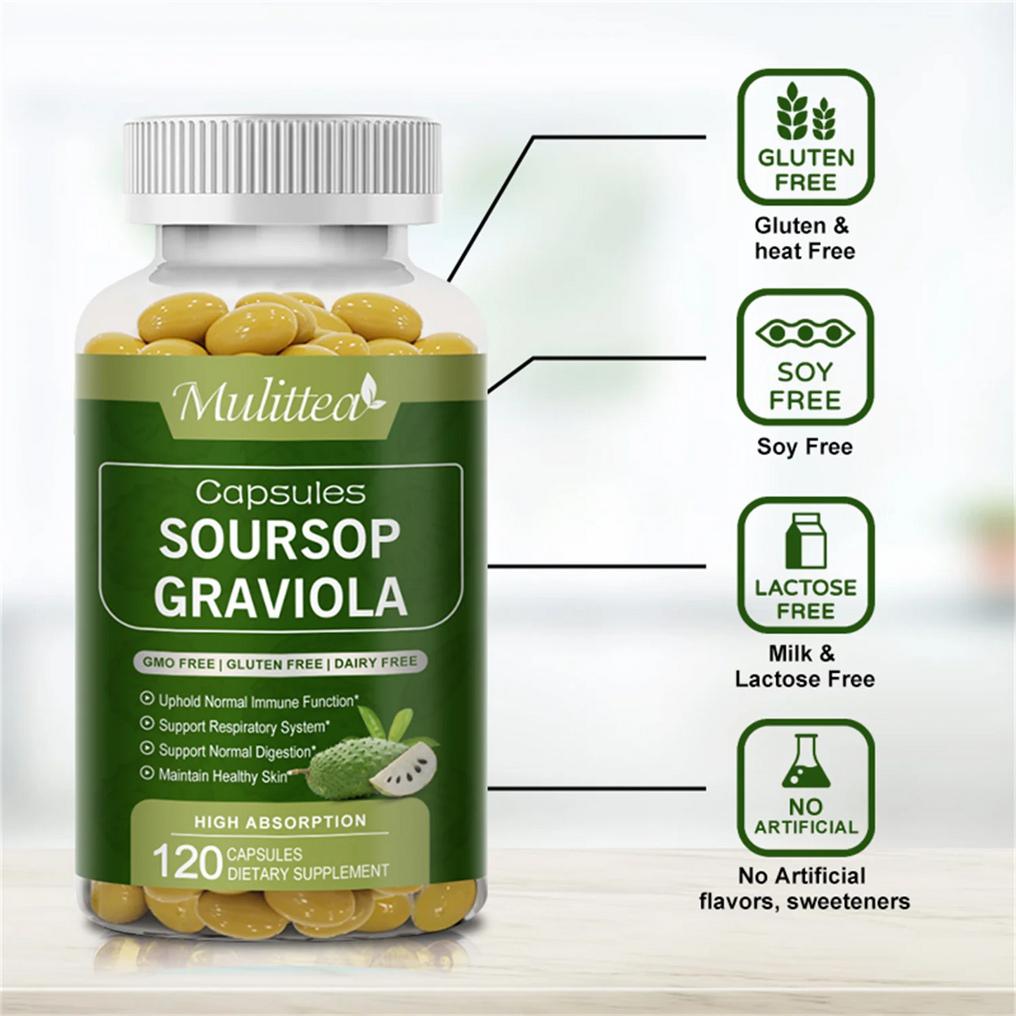 Soursop Graviola Capsules 1000mg Soursop Graviola Leaf & Fruit Extract | 120 Capsules | High Potency | Non-GMO, Gluten Free
