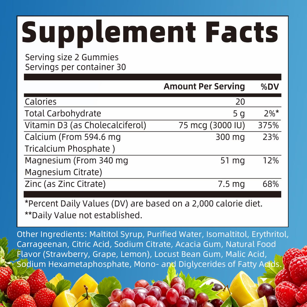 Calcium, Magnesium and Zinc Gummies with Vitamin D3 - Supports Bone Health & Immune Function - Dietary Vitamin Supplements for Women, Men(2 Pack)