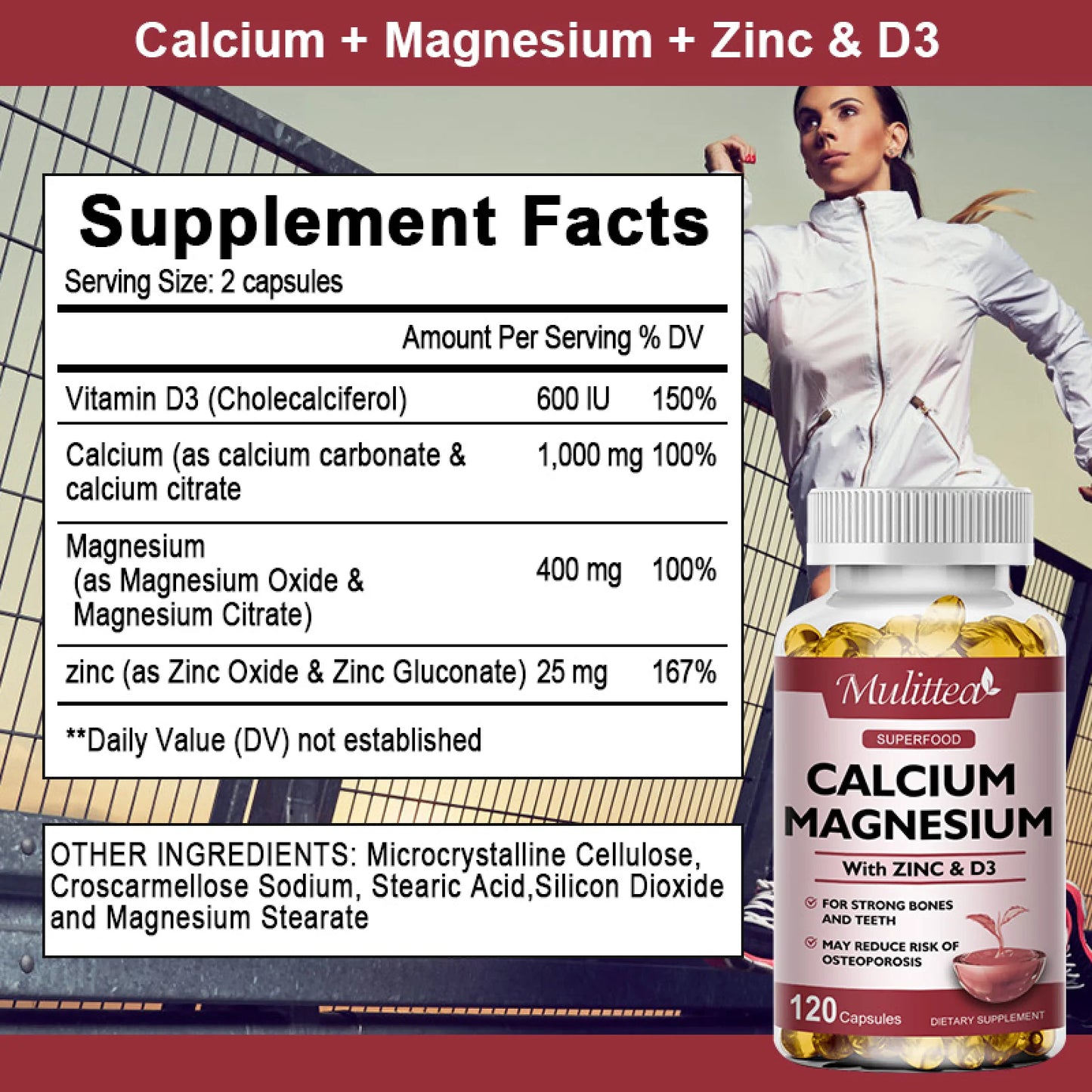 (2 Pack)Mulittea Calcium Magnesium Zinc Softgels with Vitamin D3,Supports Strong Bones,Muscle,Nervous System Health,Total 240 Capsules