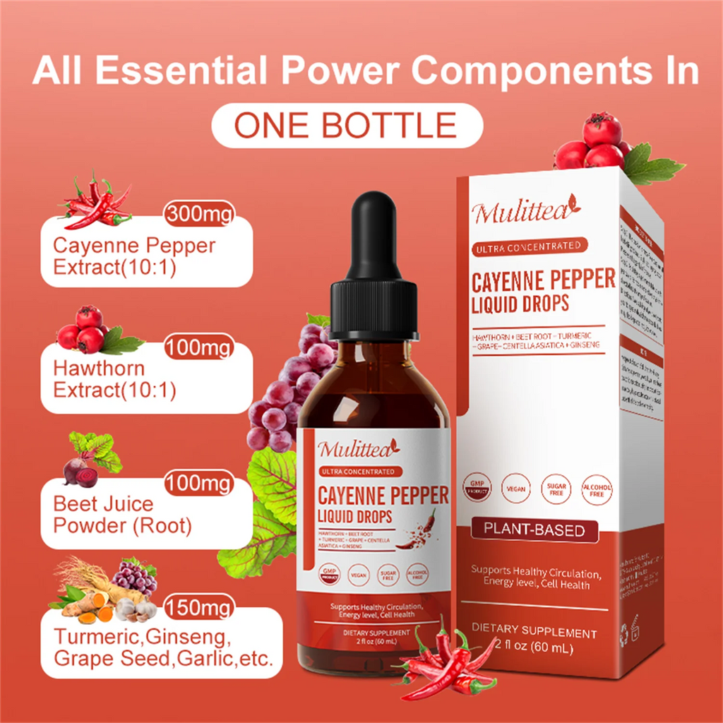 Cayenne Pepper Drops Supplement Liquid, Cayenne Pepper Extract with Hawthorn, Beet Root Powder, Turmeric Curcumin, Organic Ginseng, Garlic Extract, 1 Pack By Mulittea