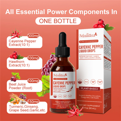 Cayenne Pepper Drops Supplement Liquid, Cayenne Pepper Extract with Hawthorn, Beet Root Powder, Turmeric Curcumin, Organic Ginseng, Garlic Extract, 1 Pack By Mulittea