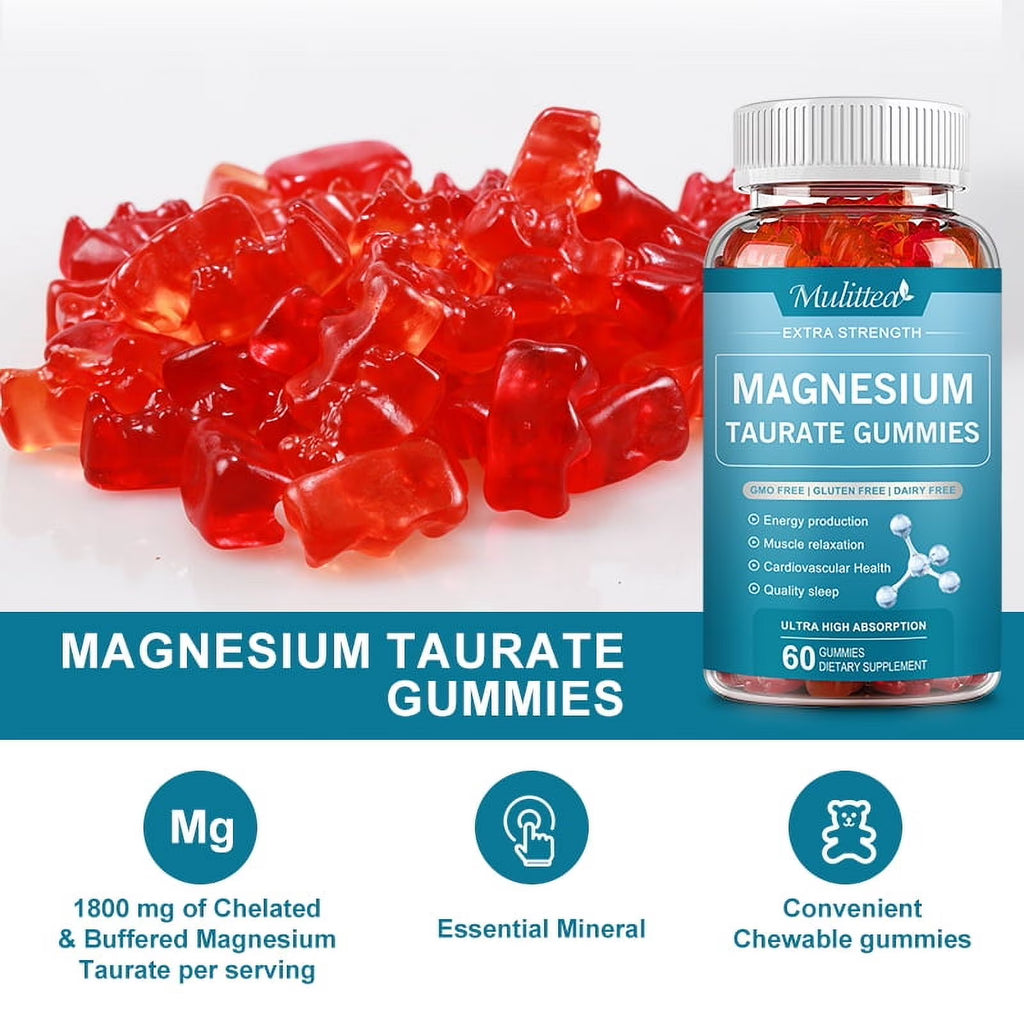 Magnesium Taurate Gummies,Amino Acid 1800mg Supplement,Supports Liver,Heart,Brain & Visual Health,60 Gummies