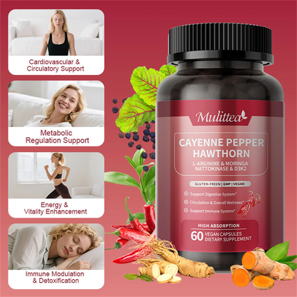 Cayenne Pepper Capsules | Cayenne Pepper Supplement with Moringa, Hawthorn, Ginseng, Red Yeast Rice+Nattokinase+Turmeric, Beetroot | Support Metabolism & Circulation Health (60 count, Non-GMO)