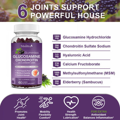 (2 Pack)Mulittea Glucosamine Chondroitin Gummies,with MSM & Elderberry,Joint Support Supplement Immune Support,120 Count