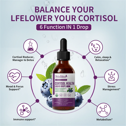 Cortisol Supplements for Women Men, Cortisol Reducer Detox Manager w/ Magnesium, Ashwagandha, L-theanine, Hormone Balance Liquid Drops Mood, Focus, Sleep Support - 2 Fl.oz, Blueberry Flavor