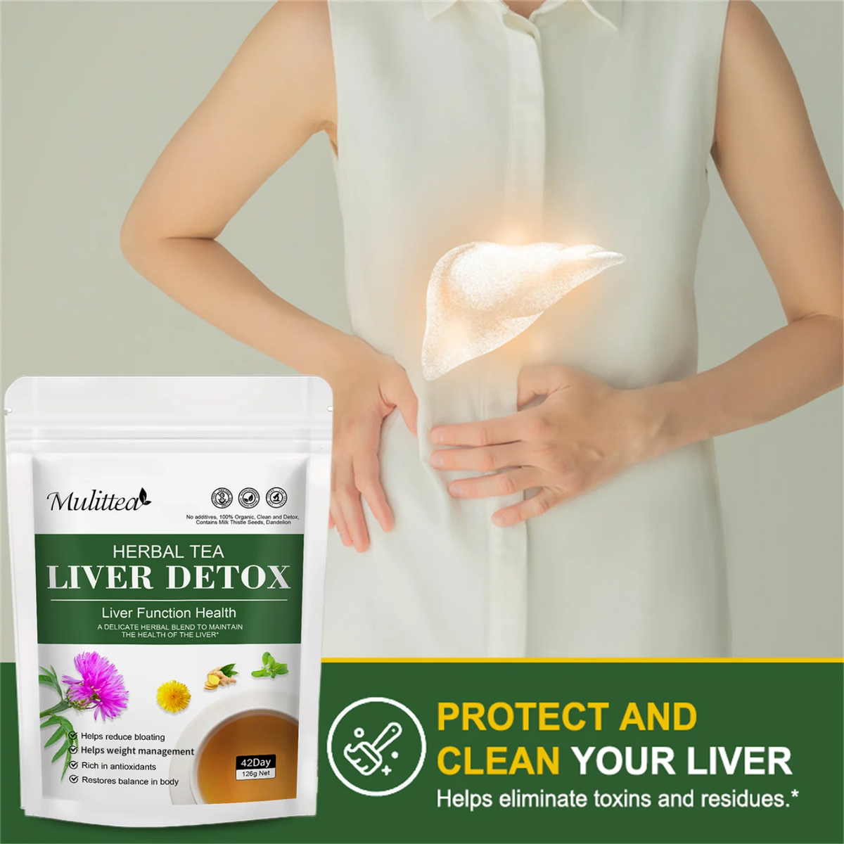 Mulittea Liver Detox Tea with Dandelion Root, Milk Thistle & Turmeric for Colon Liver Cleanse, Promote Metabolism, Support Gut Health, 42 Days Supply