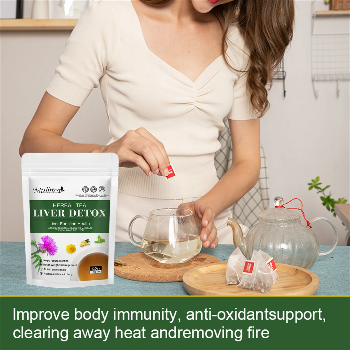 Mulittea Liver Detox Tea with Dandelion Root, Milk Thistle & Turmeric for Colon Liver Cleanse, Promote Metabolism, Support Gut Health, 42 Days Supply