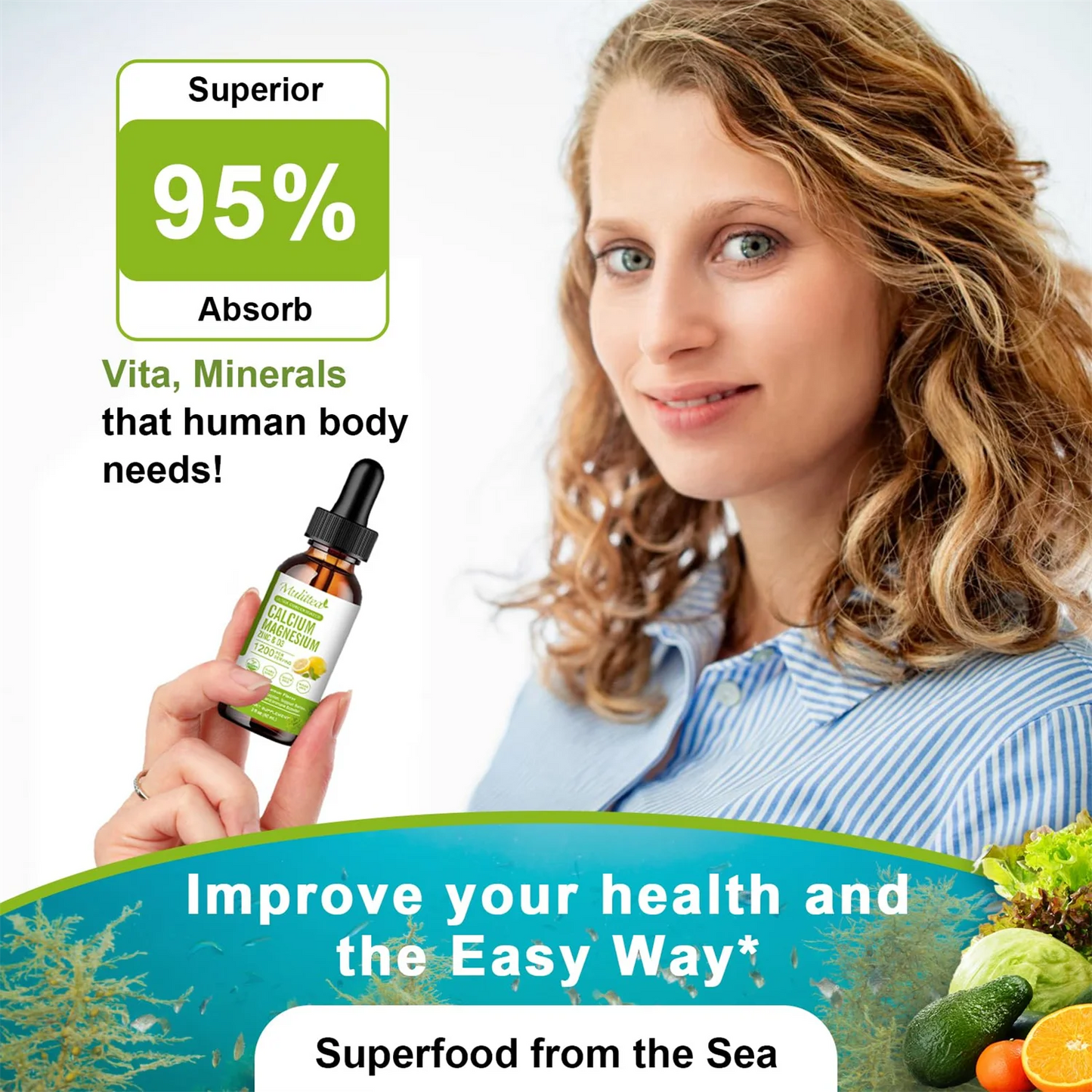 Calcium Magnesium Zinc Liquid with Vitamin D3, Magnesium Glycinate Drops Plus Vitamin C K2, High Absorption Plant Calcium Supplement for Heart & Bone, 30 Servings, Lemon Flavor