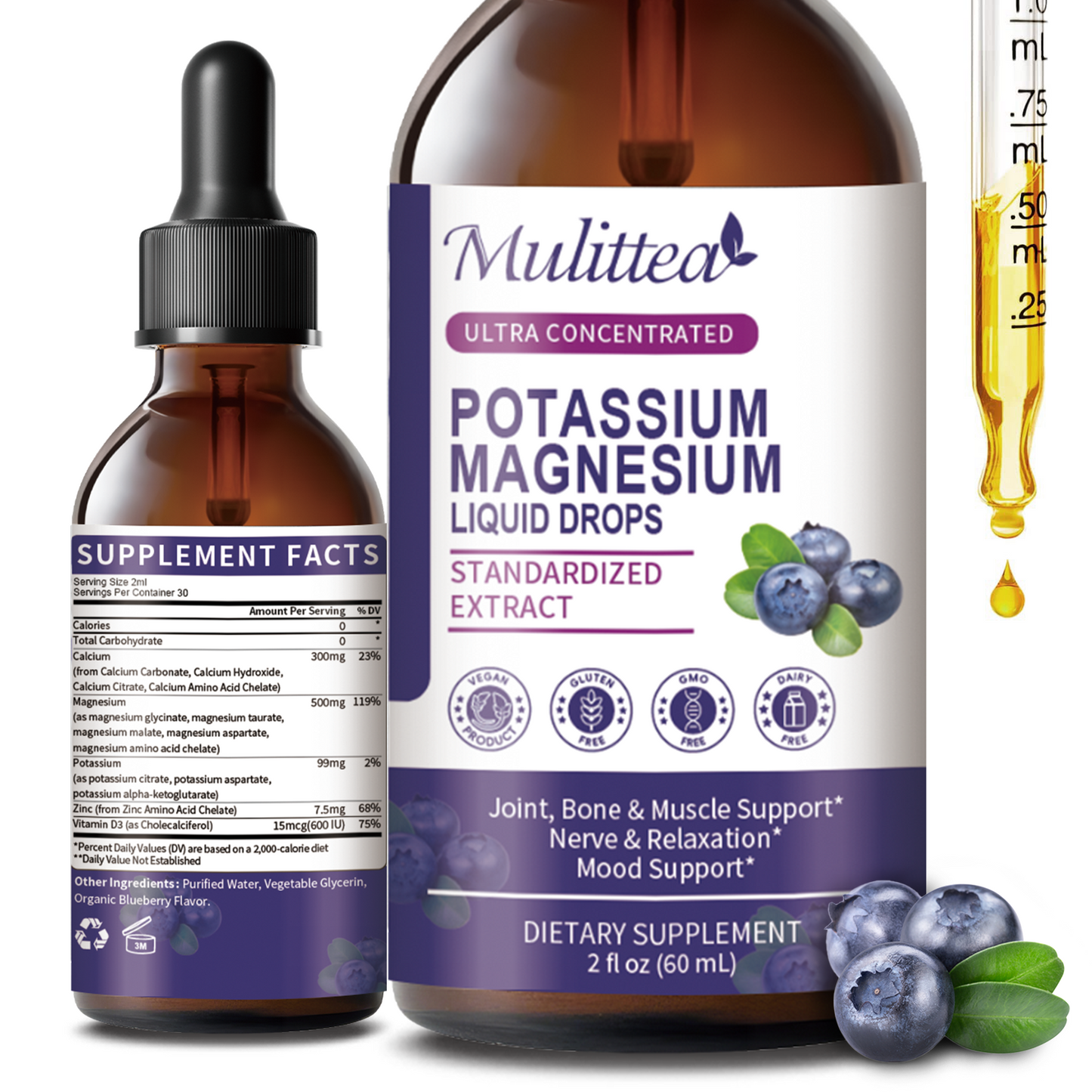 Mulittea® Potassium Magnesium Liquid Drops - Ultra Concentrated for Sleep, Muscle Cramps & Heart Health - 95% High Absorption, Vegan, Blueberry Flavor (2oz)