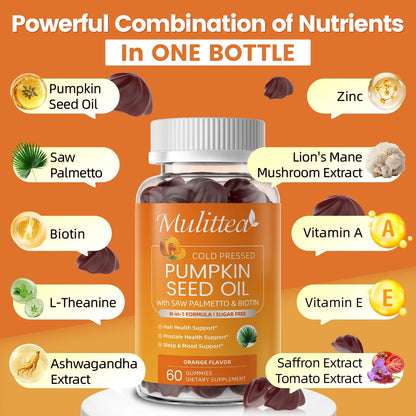 Pumpkin Seed Oil Gummies for Prostate Health, Immune & Urinary Tract Support, Hair & Skin Health - Cold Pressed Pumpkin Seed Oil with Saw palmetto - Vegan, Sugar Free - Orange Flavor, 60 Count
