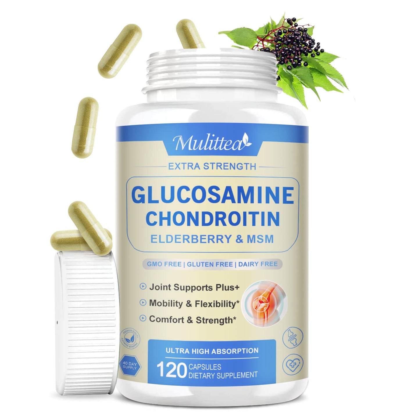 Glucosamine Chondroitin MSM Elderberry Boswellia Capsules- Extra Strength Natural Joint Support Supplement with Turmeric for Antioxidant,Immune Support Helps with inflammatory response for Men & Women