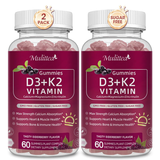 Vitamin D3 K2 Gummies 10,000 IU with Calcium, Magnesium, Zinc & Inulin – Sugar-Free, Elderberry Flavor – 2 Pack