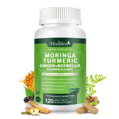 Moringa Capsules Organic 1000mg – 7-in-1 Superfood with Turmeric, Ginger, Elderberry, Licorice & Boswellia – Immune, Gut & Skin Support – Non-GMO, 120 Vegan Capsules (2-Month Supply)