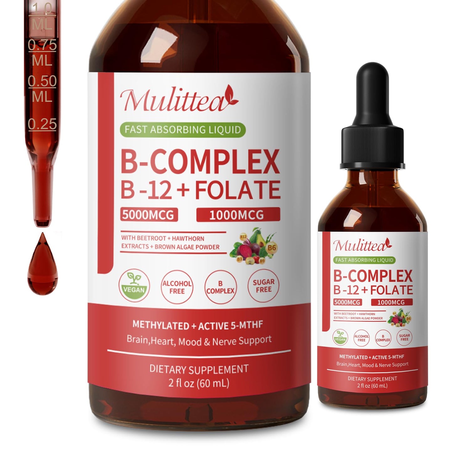 Mulittea Methylated B Complex Liquid Drops 5000 mcg B12 + 1000 mcg Folate – Sugar-Free Energy & Focus Supplement