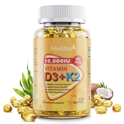 Vitamin D3 K2 Bone & Heart Health Formula – 10,000 IU Vitamin D3 & 200 mcg K2 (MK7) – Max Strength 2-in-1 Immune Support & Calcium Absorption – Gluten-Free, Coconut Oil Softgels