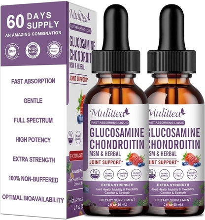 Mulittea Glucosamine Chondroitin MSM Liquid Drops – with Elderberry, Boswellia & Hyaluronic Acid – Extra Strength Joint Support, 2 fl oz