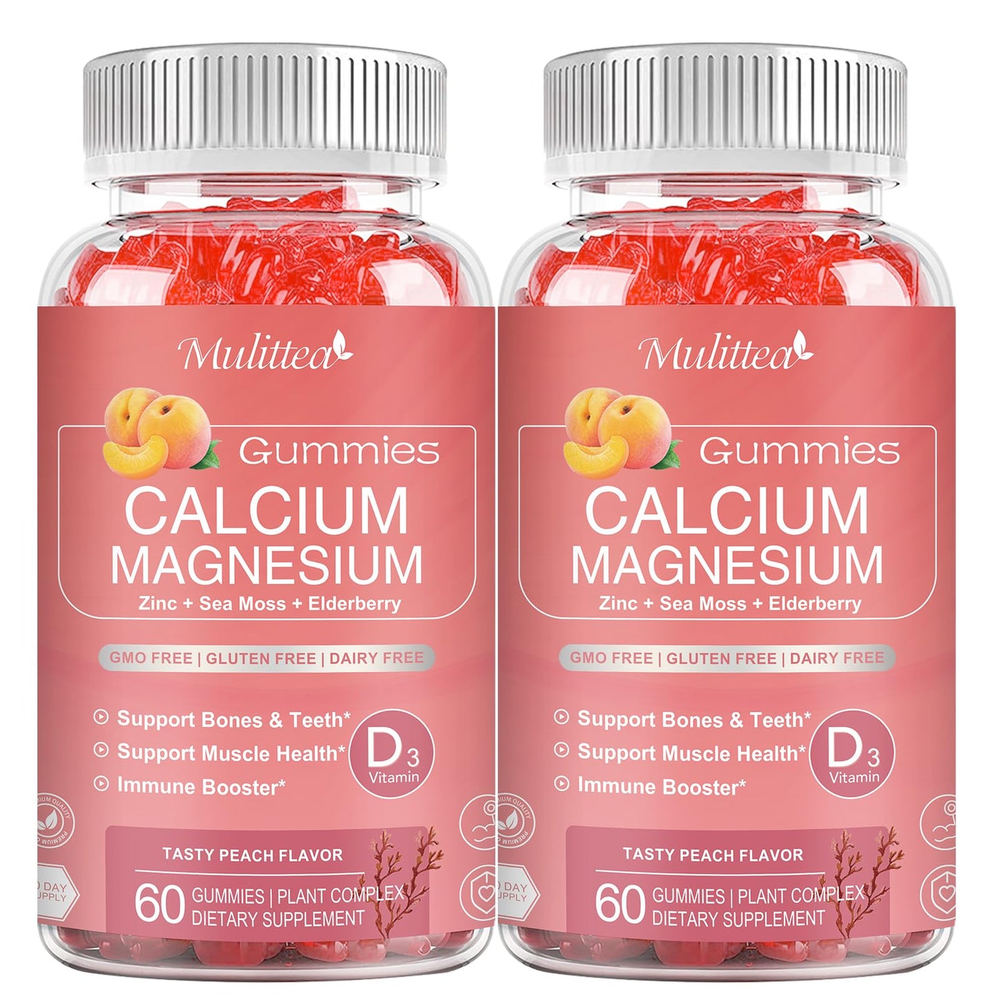 Calcium Magnesium Zinc Gummies with High Absorption Magnesium Glycinate 200mg Potassium -Plant Calcium Supplement 2 Packs