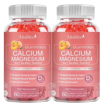 Calcium Magnesium Zinc Gummies with Magnesium Glycinate 200mg & Sea Moss – Bone, Muscle & Sleep Support – Kids & Adults (2 Pack)