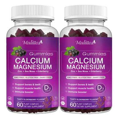 Calcium Magnesium Zinc Gummies with High Absorption Magnesium Glycinate 200mg, Potassium, D3, K2 & Sea Moss - Bone, Muscle, Mood & Sleep Support - Elderberry Flavor - Adults & Kids - 2 Pack