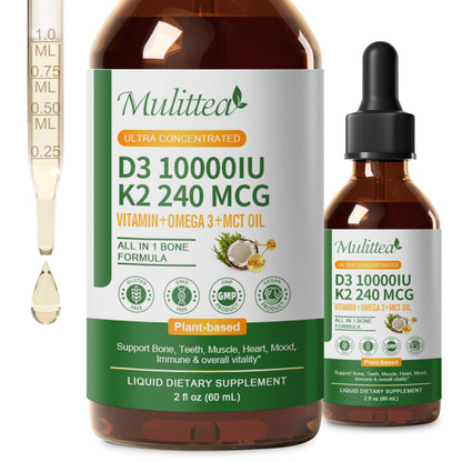 Mulittea Vitamin D3 K2 10000 IU Liquid Drops with MK7, Omega-3, Vitamin E & MCT Oil | Plant-Based High Absorption | 2 Fl Oz (2 Pack)