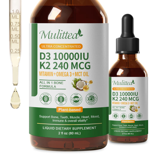 Mulittea Vitamin D3 K2 10000 IU Liquid Drops with MK7, Omega-3, Vitamin E & MCT Oil | Plant-Based High Absorption | 2 Fl Oz (2 Pack)