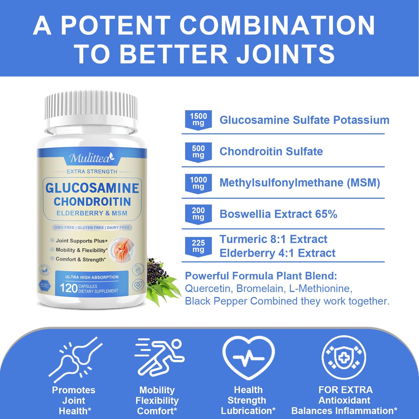 Glucosamine Chondroitin MSM Elderberry Boswellia Capsules- Extra Strength Natural Joint Support Supplement with Turmeric for Antioxidant,Immune Support Helps with inflammatory response for Men & Women