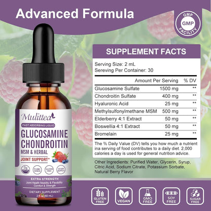 Mulittea Glucosamine Chondroitin MSM Liquid Drops – with Elderberry, Boswellia & Hyaluronic Acid – Extra Strength Joint Support, 2 fl oz