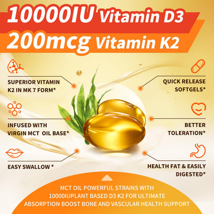 Vitamin D3 K2 Bone & Heart Health Formula – 10,000 IU Vitamin D3 & 200 mcg K2 (MK7) – Max Strength 2-in-1 Immune Support & Calcium Absorption – Gluten-Free, Coconut Oil Softgels