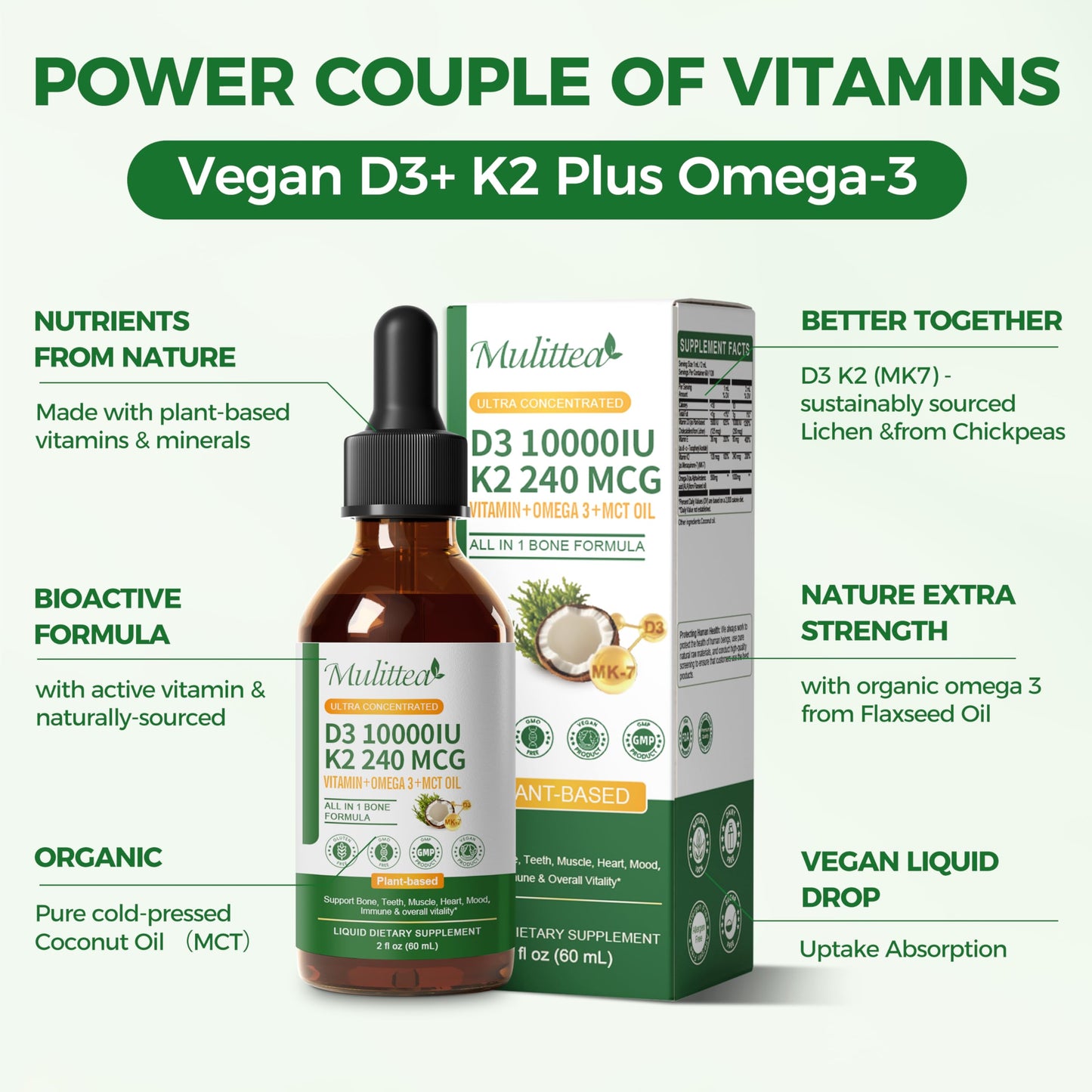Mulittea Vitamin D3 K2 10000 IU Liquid Drops with MK7, Omega-3, Vitamin E & MCT Oil | Plant-Based High Absorption | 2 Fl Oz (2 Pack)