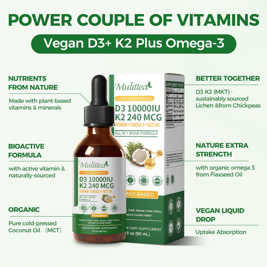 Mulittea Vitamin D3 K2 10000 IU Liquid Drops with MK7, Omega-3, Vitamin E & MCT Oil | Plant-Based High Absorption | 2 Fl Oz (2 Pack)
