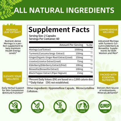 Moringa Capsules Organic 1000mg – 7-in-1 Superfood with Turmeric, Ginger, Elderberry, Licorice & Boswellia – Immune, Gut & Skin Support – Non-GMO, 120 Vegan Capsules (2-Month Supply)