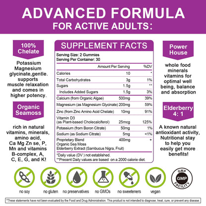 Calcium Magnesium Zinc Gummies with High Absorption Magnesium Glycinate 200mg, Potassium, D3, K2 & Sea Moss - Bone, Muscle, Mood & Sleep Support - Elderberry Flavor - Adults & Kids - 2 Pack