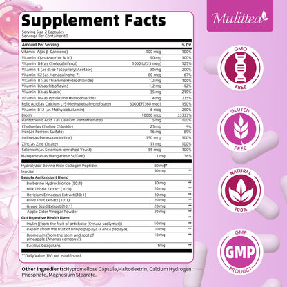 MULITTEA Women's Multivitamin – 31-in-1 Methylated Vitamins for Hair, Skin, Nails & Energy – with Biotin, Folate, A C D E, Zinc, Iron & Collagen – 120 Capsules