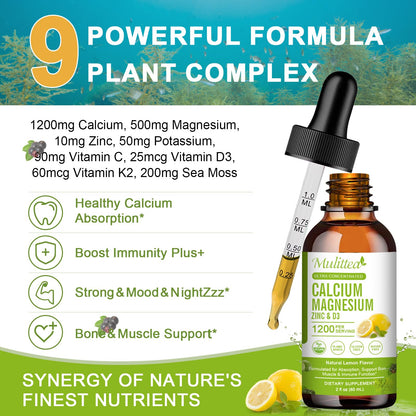 Calcium Magnesium Zinc Liquid with D3, K2 & C – High Absorption Plant-Based Supplement for Bone & Heart Support – Sugar-Free, Vegan – 30 Servings, Lemon Flavor