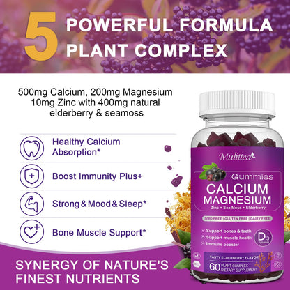 Calcium Magnesium Zinc Gummies with High Absorption Magnesium Glycinate 200mg, Potassium, D3, K2 & Sea Moss - Bone, Muscle, Mood & Sleep Support - Elderberry Flavor - Adults & Kids - 2 Pack
