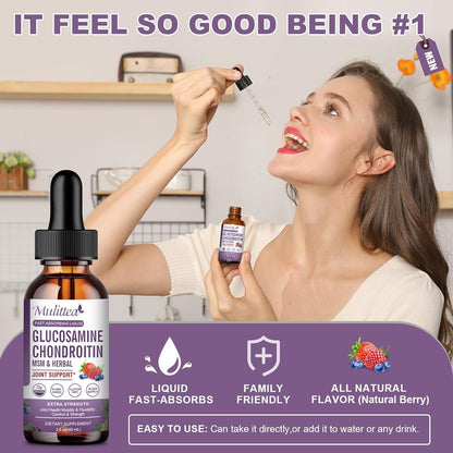 Mulittea Glucosamine Chondroitin MSM Liquid Drops – with Elderberry, Boswellia & Hyaluronic Acid – Extra Strength Joint Support, 2 fl oz