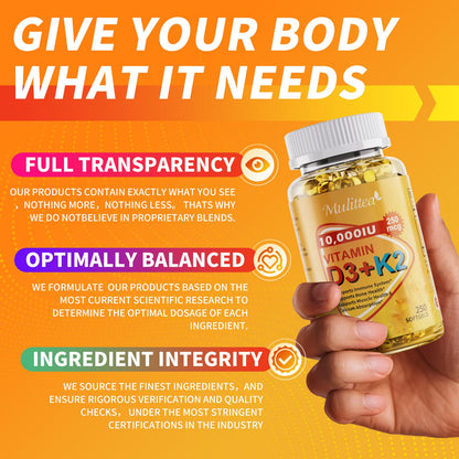 Vitamin D3 K2 Bone & Heart Health Formula – 10,000 IU Vitamin D3 & 200 mcg K2 (MK7) – Max Strength 2-in-1 Immune Support & Calcium Absorption – Gluten-Free, Coconut Oil Softgels
