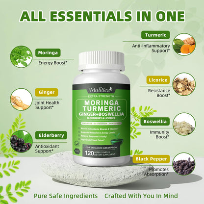 Moringa Capsules Organic 1000mg – 7-in-1 Superfood with Turmeric, Ginger, Elderberry, Licorice & Boswellia – Immune, Gut & Skin Support – Non-GMO, 120 Vegan Capsules (2-Month Supply)