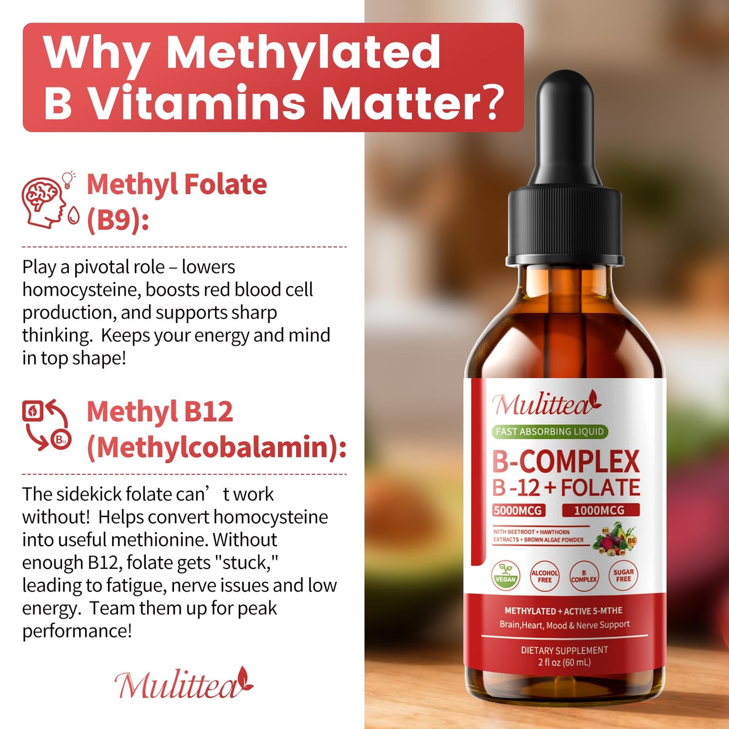 Mulittea Methylated B Complex Liquid Drops 5000 mcg B12 + 1000 mcg Folate – Sugar-Free Energy & Focus Supplement