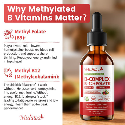 Mulittea Methylated B Complex Liquid Drops 5000 mcg B12 + 1000 mcg Folate – Sugar-Free Energy & Focus Supplement