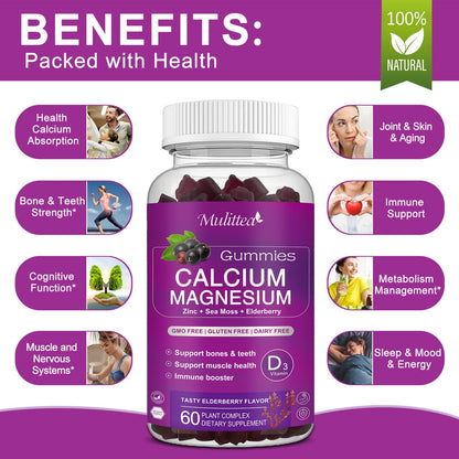 Calcium Magnesium Zinc Gummies with High Absorption Magnesium Glycinate 200mg, Potassium, D3, K2 & Sea Moss - Bone, Muscle, Mood & Sleep Support - Elderberry Flavor - Adults & Kids - 2 Pack