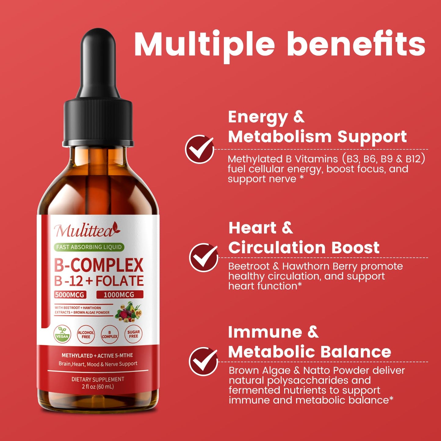 Mulittea Methylated B Complex Liquid Drops 5000 mcg B12 + 1000 mcg Folate – Sugar-Free Energy & Focus Supplement