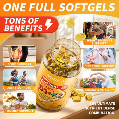 Vitamin D3 K2 Bone & Heart Health Formula – 10,000 IU Vitamin D3 & 200 mcg K2 (MK7) – Max Strength 2-in-1 Immune Support & Calcium Absorption – Gluten-Free, Coconut Oil Softgels