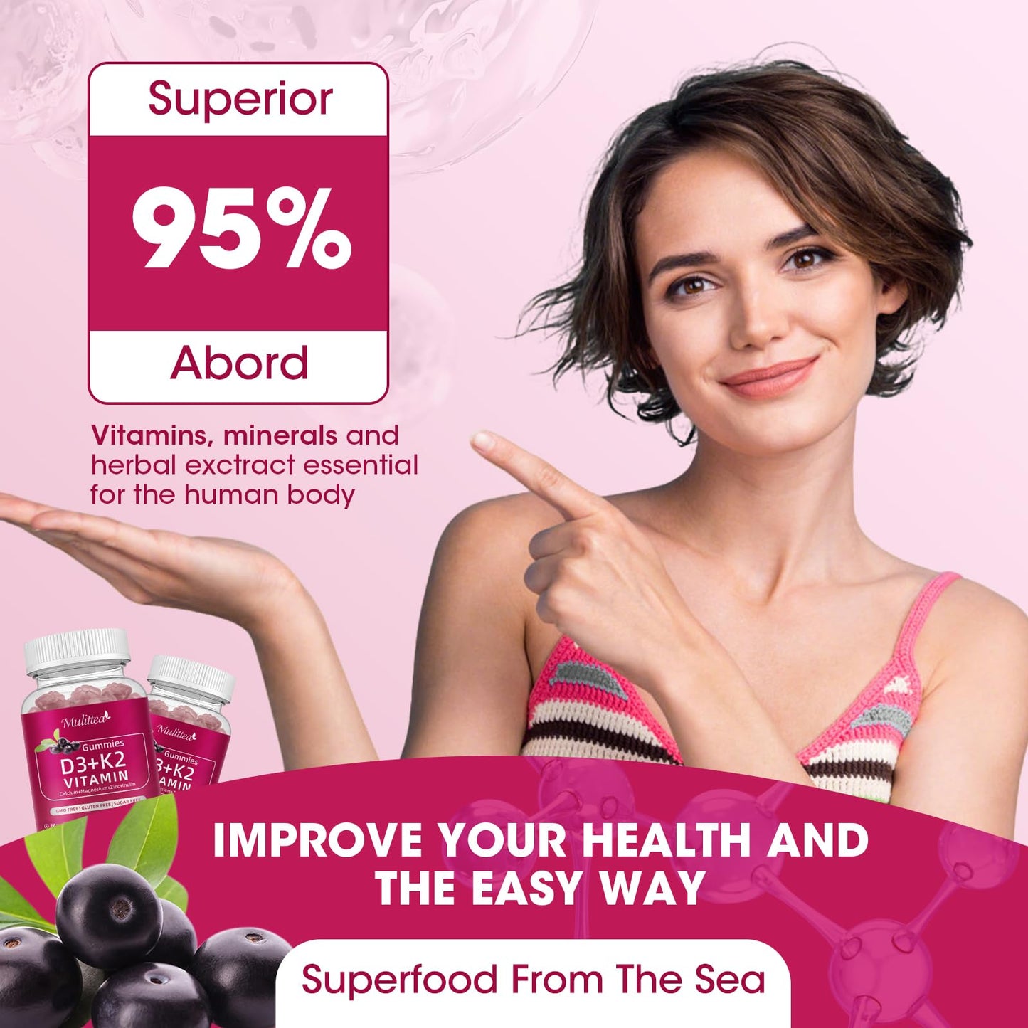 Vitamin D3 10000iu with K2 (MK7) 200mcg -Formulated with Calcium Magnesium Zinc & Inulin–Immune Support, Bone & Heart Health, Enhanced Absorption, Sugar-Free Gummies -Elderberry Flavor-2 PACKs