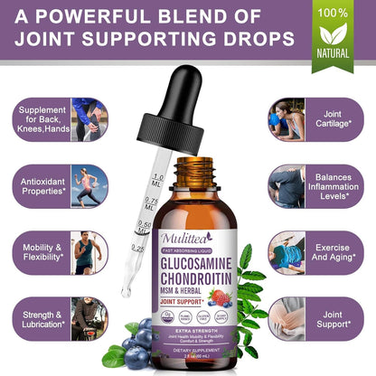 Mulittea Glucosamine Chondroitin MSM Liquid Drops – with Elderberry, Boswellia & Hyaluronic Acid – Extra Strength Joint Support, 2 fl oz
