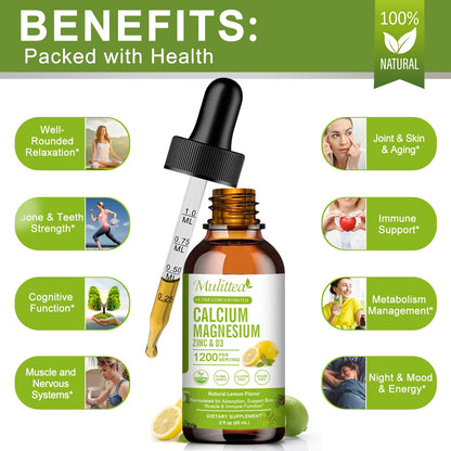 Calcium Magnesium Zinc Liquid with D3, K2 & C – High Absorption Plant-Based Supplement for Bone & Heart Support – Sugar-Free, Vegan – 30 Servings, Lemon Flavor