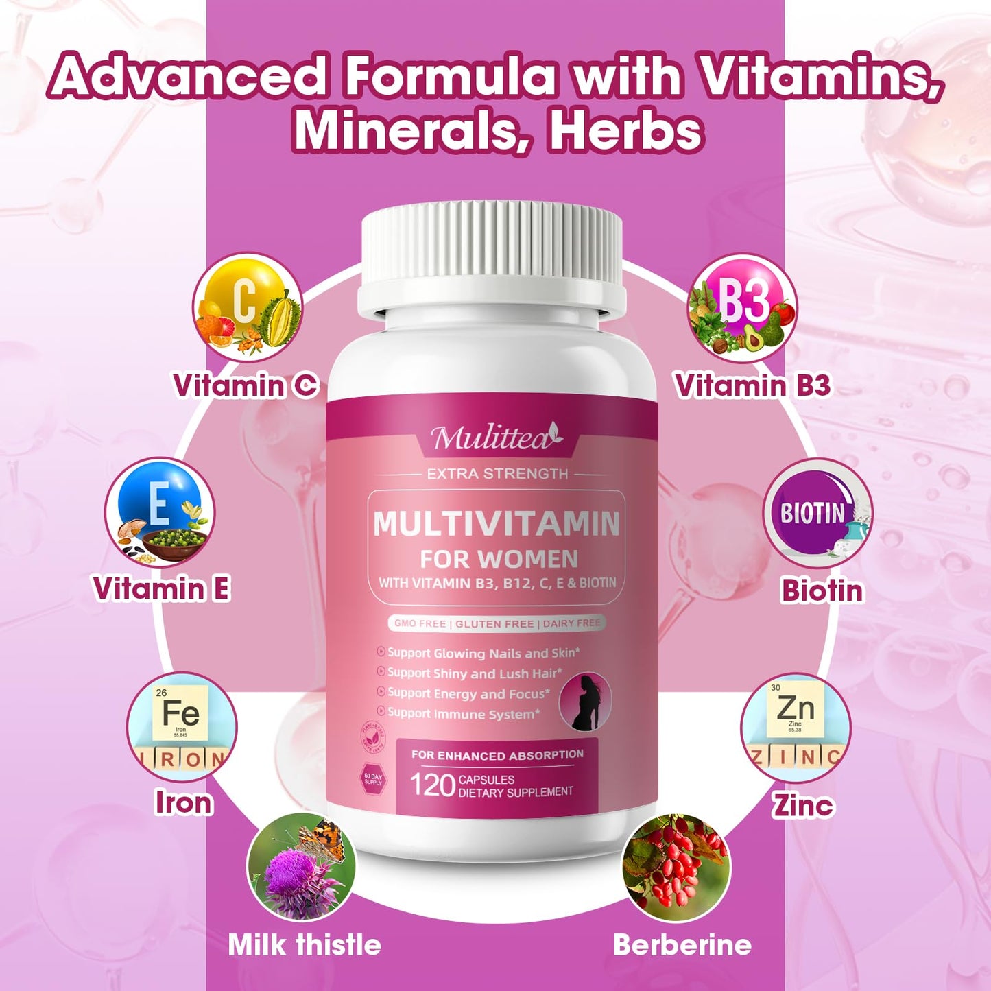MULITTEA Women's Multivitamin – 31-in-1 Methylated Vitamins for Hair, Skin, Nails & Energy – with Biotin, Folate, A C D E, Zinc, Iron & Collagen – 120 Capsules